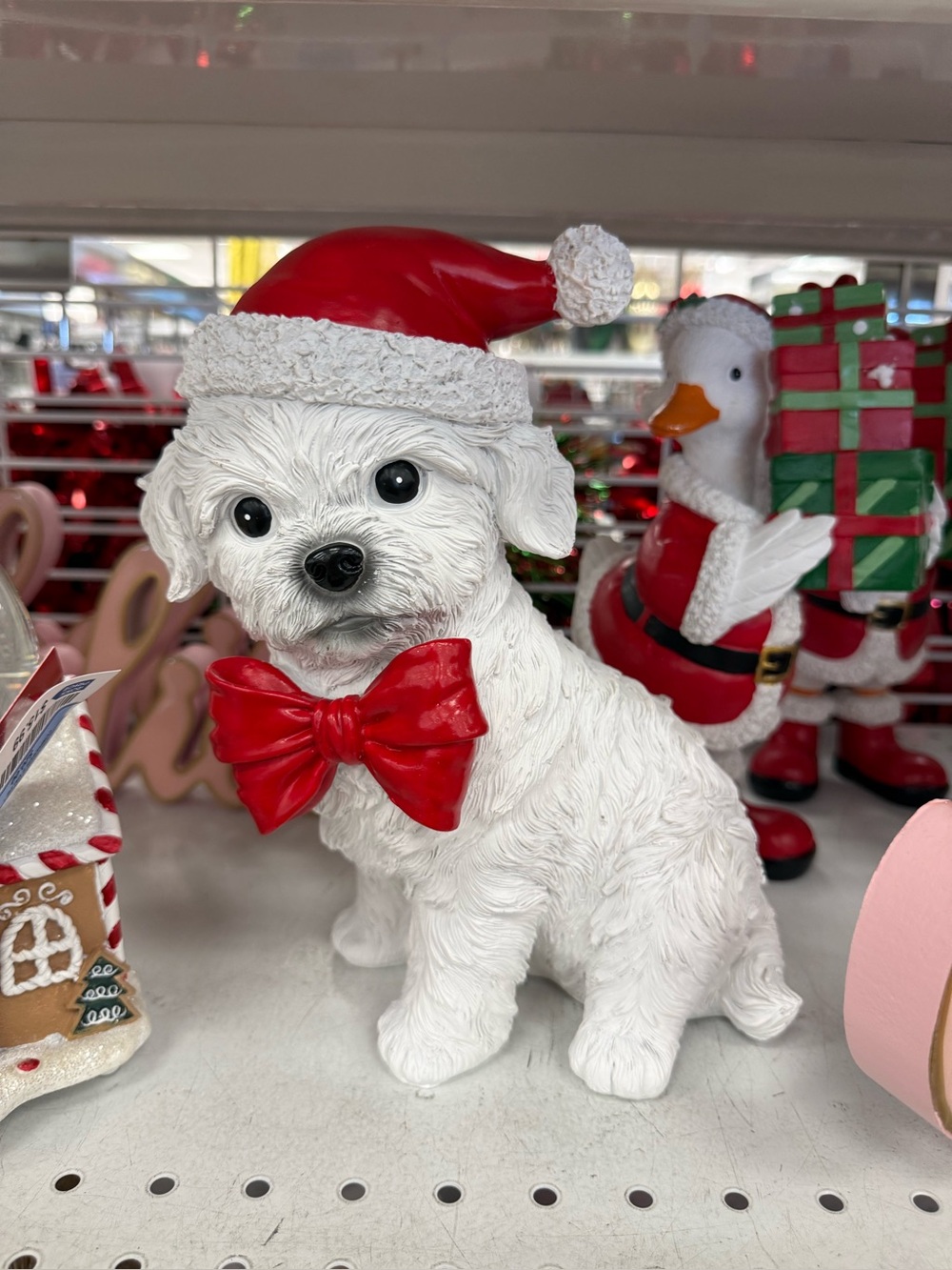 Holiday Puppy decor with Red Bow and Santa Hat - Festive Home Accent